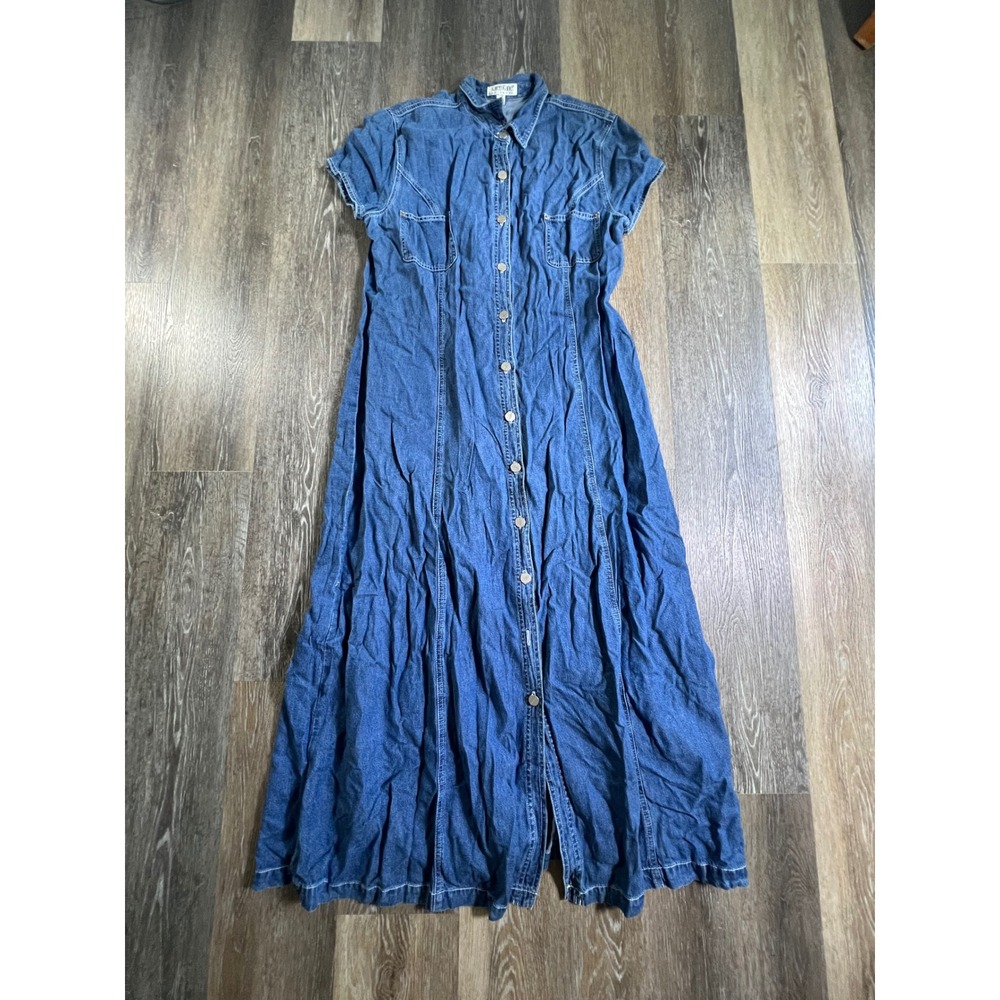 Karen Kane Denim Maxi Dress Women 16 Blue Button Front Short Sleeve Tie Back 90s